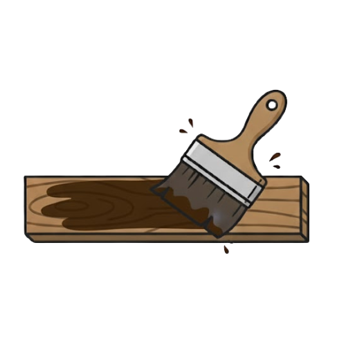 Een houten plank wordt in de werkplaats van Baan Woods met een kwast behandeld met beits