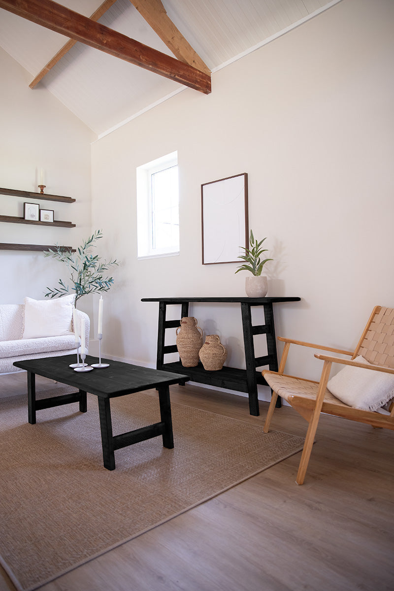 Houten salontafel Maan en sidetable Woods in het zwart, perfect voor woonkamer of zithoek