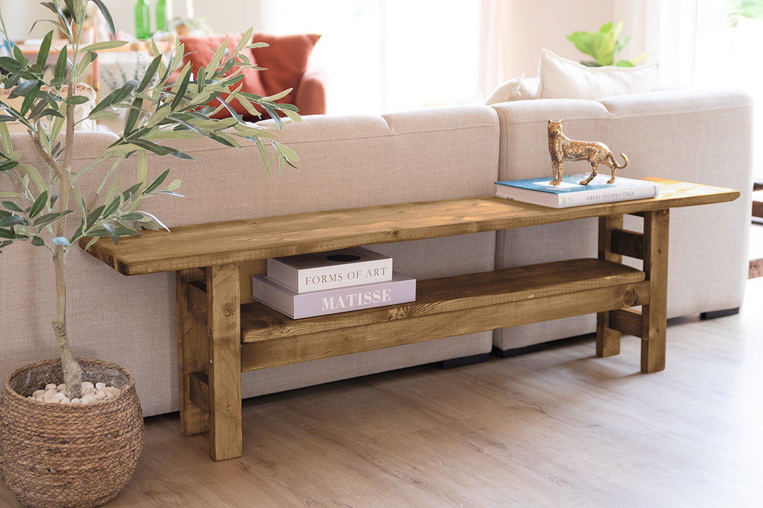 Langwerpige sidetable Wolf van hout, mooi voor achter de bank